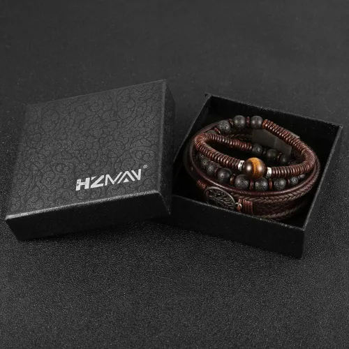 Vista 5 de HZMAN Pulseras de cuero genuino con diseño de árbol de la vida para hombres y mujeres, diseño de ojo de tigre, piedra natural, cuentas de roca