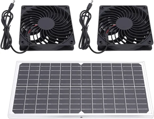 Vista 4 de Ventilador solar de 16 W, monocristalino doble extractor, ventilador solar para gallinero, escape con red protectora para cobertizo al aire libre