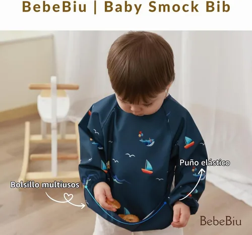 Vista 5 de Babero de manga larga para bebé, tela impermeable, bolsillo recolector, babero delantal para bebé, mangas ajustables