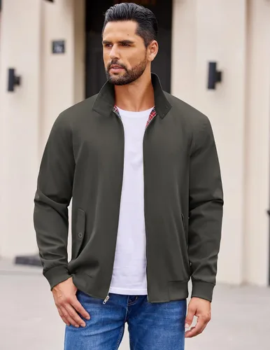 Vista 3 de COOFANDY - Chaquetas ligeras para hombre, chaqueta casual de estilo cortavientos con cremallera, cuello parado, chaqueta de golf elegante