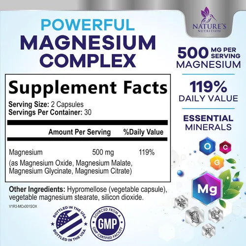 Vista 2 de Suplemento de complejo de magnesio – Magnesio 500 mg por porción – Mezcla 4 en 1 de alta absorción – Glicinato de magnesio 100% quelado con malato