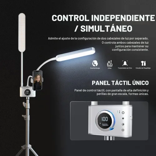 Vista 4 de NEEWER Kit de Luz de Esteticista con Soporte para Teléfono y Bolsa de Viaje, Soporte para Control 2.4G/PC/MAC y Control Separado de 2 Cabezales