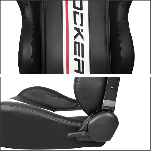 Vista 4 de IKON MOTORSPORTS, Asientos universales para vehículos de carreras con deslizadores dobles, de piel sintética negra con rayas blancas, reclinable