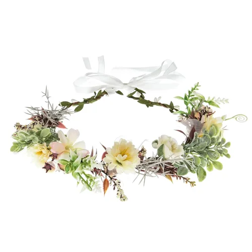 Vista 9 de Corona de flores suculentas, eucalipto, halo de boda, diadema floral, accesorio para fotos (B-blanco)