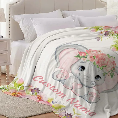 Vista 5 de Manta de bebé personalizada con nombre, diseño de elefante, flor rosa, manta de forro polar personalizada para niñas, niños, baby shower, regalo