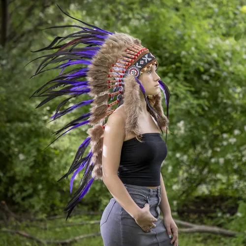 Vista 2 de Native Americana - Tocado de pluma india hecho a mano tamaño mediano color a elegir