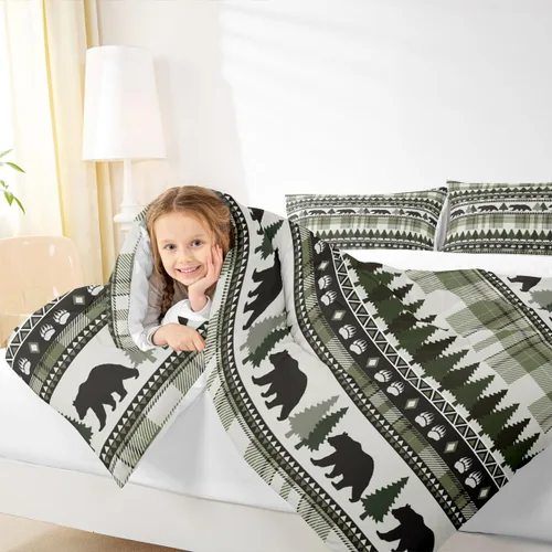 Vista 3 de Juego de edredón con siluetas de oso para niños, tamaño individual, decoración de Navidad para niños y niñas, adultos, edredón de plumón de pinos