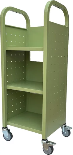 Vista 4 de Workington Carrito de libro con ruedas de un solo banco con 3 estantes planos, carrito de libros de biblioteca con ruedas giratorias bloqueables