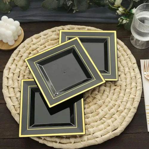 Vista 8 de Efavormart - Platos cuadrados de plástico para postre de ensalada de 7 pulgadas con borde dorado, 10