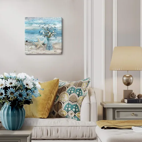 Vista 4 de Arte de pared para decoración de baño, imagen de playa azul, tema oceánico, impresión en lienzo de flores, pintura moderna de paisaje marino