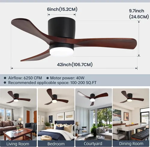 Vista 3 de GESUM Ventilador de techo de 42 pulgadas con control remoto de luces, ventilador de techo de perfil bajo con 3 aspas de madera de nogal, reversible