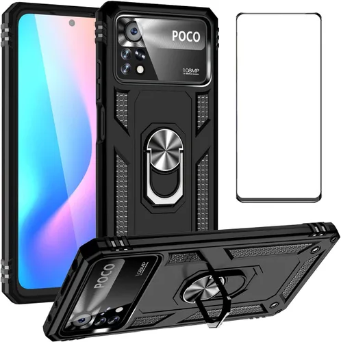 Vista 15 de Funda para Xiaomi POCO X3 NFC /X3 Pro con protector de pantalla, armadura de protección militar híbrida resistente a prueba de golpes, funda Negro