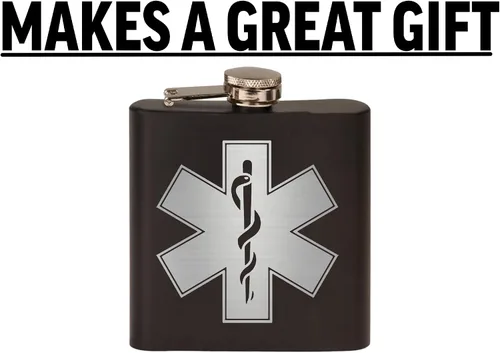 Vista 4 de Rogue River Tactical EMT Star of Life - Petaca de acero inoxidable de alta calidad, color negro mate, es un gran regalo para él, papá, padre, EMS