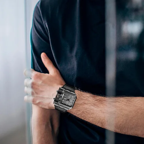 Vista 3 de GAOMON Reloj de pulsera rectangular de cuarzo para hombre con correa de cuero negro, acero inoxidable, impermeable, relojes analógicos de cuarzo