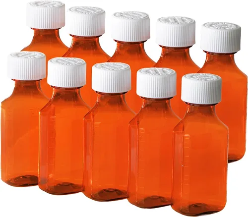 Vista 8 de Botellas líquidas de plástico ámbar para medicina con tapas resistentes a los niños, paquete de 5 botellas dispensadoras ovaladas farmacéuticas