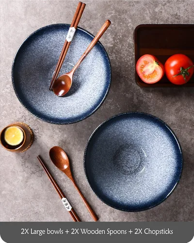 Vista 3 de Lareina Tazones de cerámica japoneses para ramen, 2 juegos (6 piezas) de 60 onzas, tazón grande para sopa de fideos con palillos y cucharas a juego
