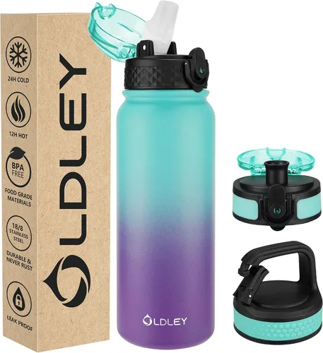 Vista 24 de Botella de agua aislada Oldley de 12 oz con pajita, botella de agua de acero inoxidable con 2 tapas, botellas de doble pared con vacío para adultos