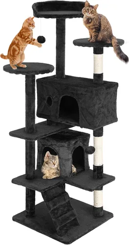 Vista 10 de 24/7 Shop at Home Court - Torre de árbol para gatos de varios niveles de 54 pulgadas con bola colgante y postes rascadores para gatos