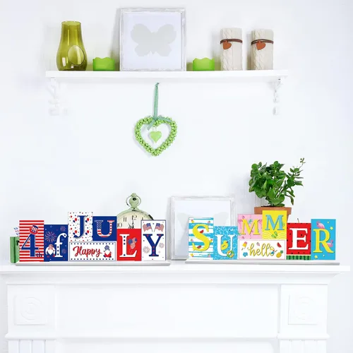 Vista 6 de Chunful Decoración reversible de mesa de verano del 4 de julio, letrero de madera de doble cara, decoración de verano, 250 aniversario, decoración