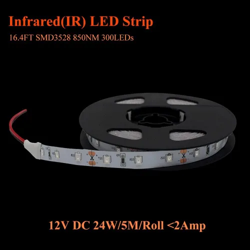 Vista 2 de Tira de luz LED infrarroja (850 nm) de 16.4 pies/carrete DC12V tiras LED flexibles de un solo chip 300 LEDs cortables, bajo brillo, amplia cobertura