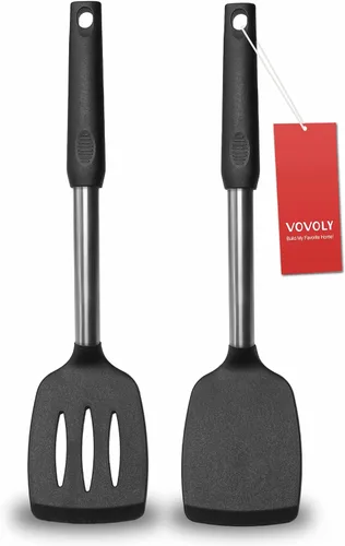 Vista 12 de Paquete de 2 espátulas, juego de espátulas de silicona sólida y ranurada, mango de acero inoxidable recubierto con silicona, espátulas Caqui