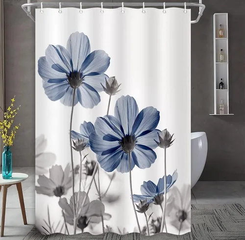 Vista 18 de MERCHR Cortina única floral azul para decoración de baño, cortina de ducha estilo granja con flores de margarita azul y gris elegantes y diseño