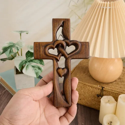 Vista 4 de BGCOPPER Cruz de matrimonio Decoración de pared Cruz de pared de corazón entrelazado de madera Retro