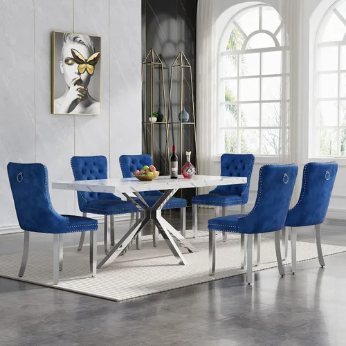 Vista 19 de HomVent Juego de mesa de comedor rectangular para 4, juego de mesa de cocina rectangular, juego de mesa de comedor de mármol sintético, juego