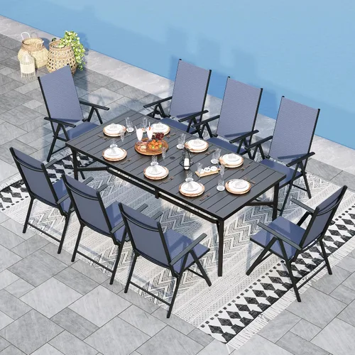 Vista 9 de Sophia & William Juego de comedor de patio para 8 personas, juego de mesa de comedor al aire libre grande cuadrada de metal negro y 8 sillas