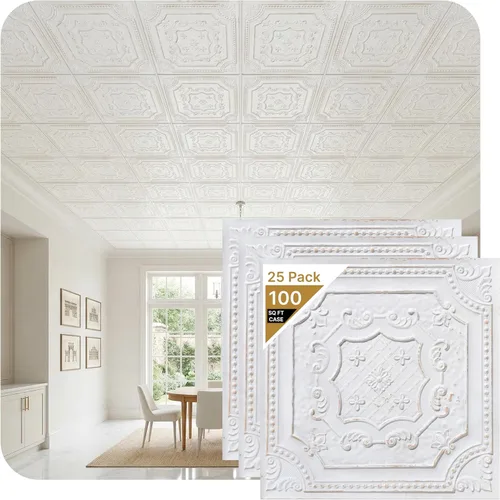 Vista 44 de De normal a hermoso en horas DCT04 Elizabethan Shield - Azulejos de PVC para techo de 2 x 2 pies (cubre 100 pies cuadrados), blanco negro antiguo