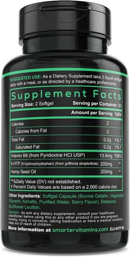 Vista 4 de SmarterVitamins 200 mg 5-HTP + vitamina B6, liberación prolongada, 60 cápsulas blandas, 30 porciones