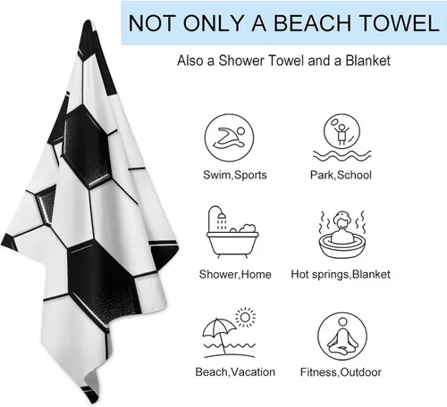 Vista 5 de Toallas de baño de microfibra acogedoras a prueba de arena, sábana de playa compatible con pelota de fútbol, color blanco y negro, toallas de ducha