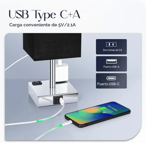 Vista 3 de Lámpara de noche con puertos USB - Lámpara de mesa de control táctil para dormitorio con puertos de carga USB C + A y salidas de AC, lámpara