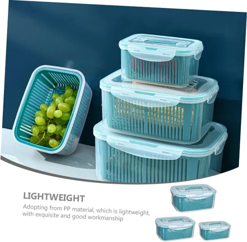 Vista 5 de 3 cajas de almacenamiento apilables para refrigerador con tapas a prueba de fugas y cestas de drenaje internas, escurridor multifuncional