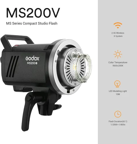 Vista 2 de Godox MS200V MS200-V - Luz estroboscópica de estudio, 200W 110V 2.4G Flash de fotografía compacta, lámpara de modelado LED de 10W, monolight