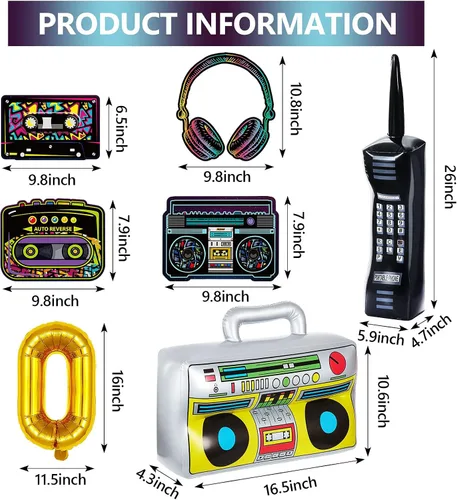 Vista 2 de Zhanmai 26 piezas de decoraciones de fiesta de los años 80 y 90 radio boombox inflable teléfono móvil cadena de globos de papel dorado accesorios