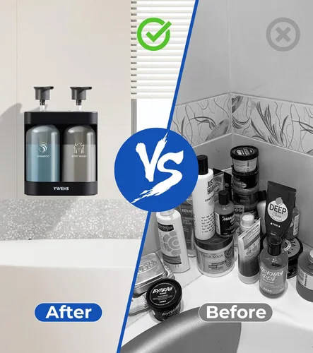 Vista 2 de Dispensador de champú y acondicionador, dispensador de jabón de ducha, 2 cámaras, sin taladro, dispensador de champú para ducha montado en la pared