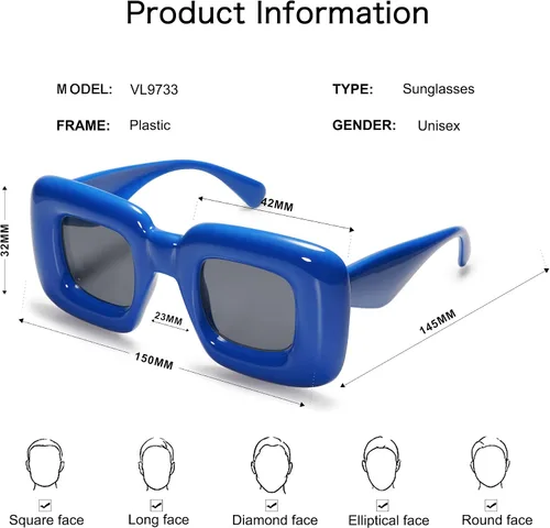 Vista 4 de VANLINKER Lindas gafas de sol cuadradas infladas para mujeres y hombres, gafas gruesas retro con marco grueso divertido máscara sombras VL9733