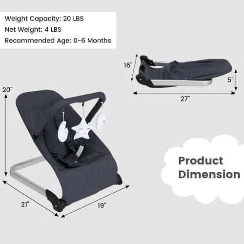 Vista 8 de HONEY JOY Gorila para bebé, asiento estacionario plegable portátil para recién nacido con vibraciones, barra de juguetes extraíble, arnés