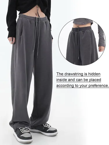 Vista 6 de SEAUR Pantalones deportivos holgados y rectos de pierna ancha para mujer, estilo casual, cintura alta, con cordón, pantalones deportivos