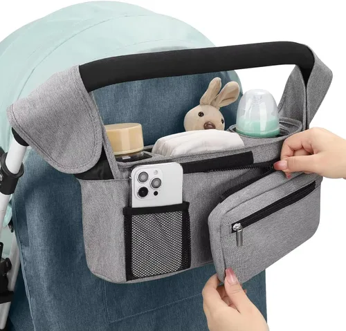 Vista 5 de Organizador universal para cochecito con portavasos aislado, bolsa desmontable para teléfono y correa de transporte, se adapta a Uppababy, Baby claro