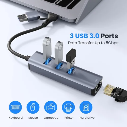 Vista 4 de Adaptador USB a Ethernet, ABLEWE USB 3.0/USB C a RJ45 red Internet 2.5Gbps, compatible con MacBook/Pro/Air, iPhone 15/16 Pro/Max, iPad Pro, Surface