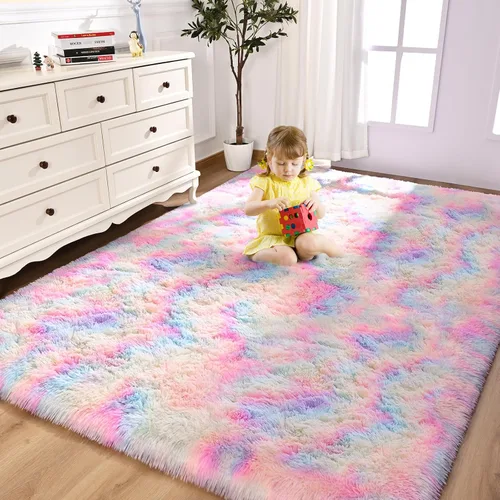 Vista 27 de FlyDOIT Alfombras grandes para sala de estar, 4 x 6 pies alfombra peluda beige con efecto tie-dye, alfombras mullidas suaves, alfombras peludas