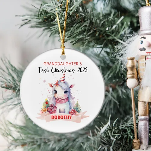 Vista 6 de Adorno personalizado de primera Navidad para nieta 2023, adorno de unicornio, personalizado para bebé, regalos de nieta, recuerdo de bebé