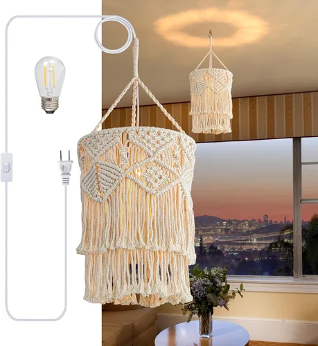 Vista 11 de Bioaqua Pantalla de Lámpara Colgante Boho, Luz Colgante de Macramé, Luminaria Boho Hecha a Mano con Cable de Enchufe para Hogar, Sala de Estar