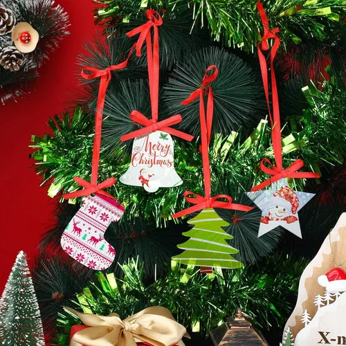Vista 6 de Jetec Adornos de Navidad de acrílico transparente de 3 pulgadas, medias de Navidad con forma de campana, adornos acrílicos de Navidad con cinta