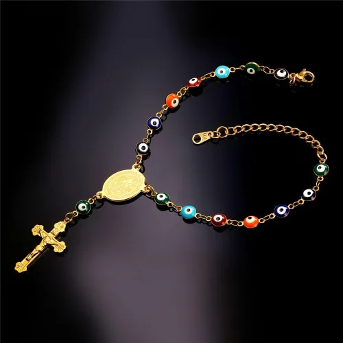 Vista 3 de U7 Collar de rosario de acero inoxidable para hombre y mujer, con cruz de ojo malvado