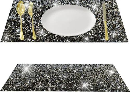 Vista 48 de Juego de 1 mantel individual redondo en negro, manteles individuales brillantes resistentes al calor, lavables, para cena, cocina, boda, decorativos