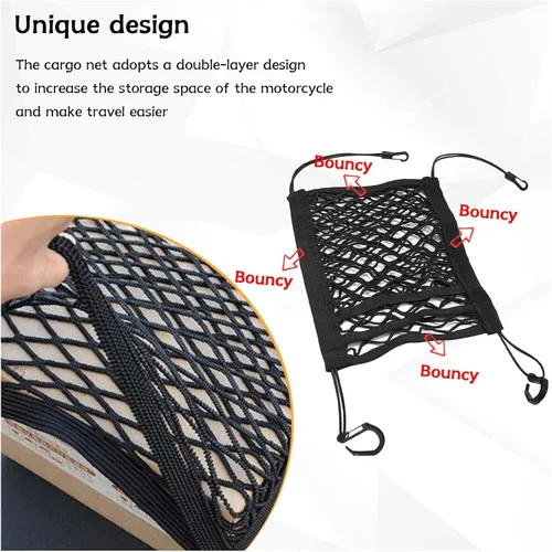 Vista 4 de Red de Carga para Motocicleta para Almacenamiento de Casco, 9.4''×10.6'' Red Bungee de Triple Capa de Alta Elasticidad con 4 Ganchos, Bolsillo