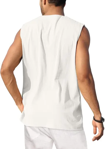 Vista 3 de Camiseta sin mangas de algodón y lino para hombre, ligera, con botones, ajuste sencillo